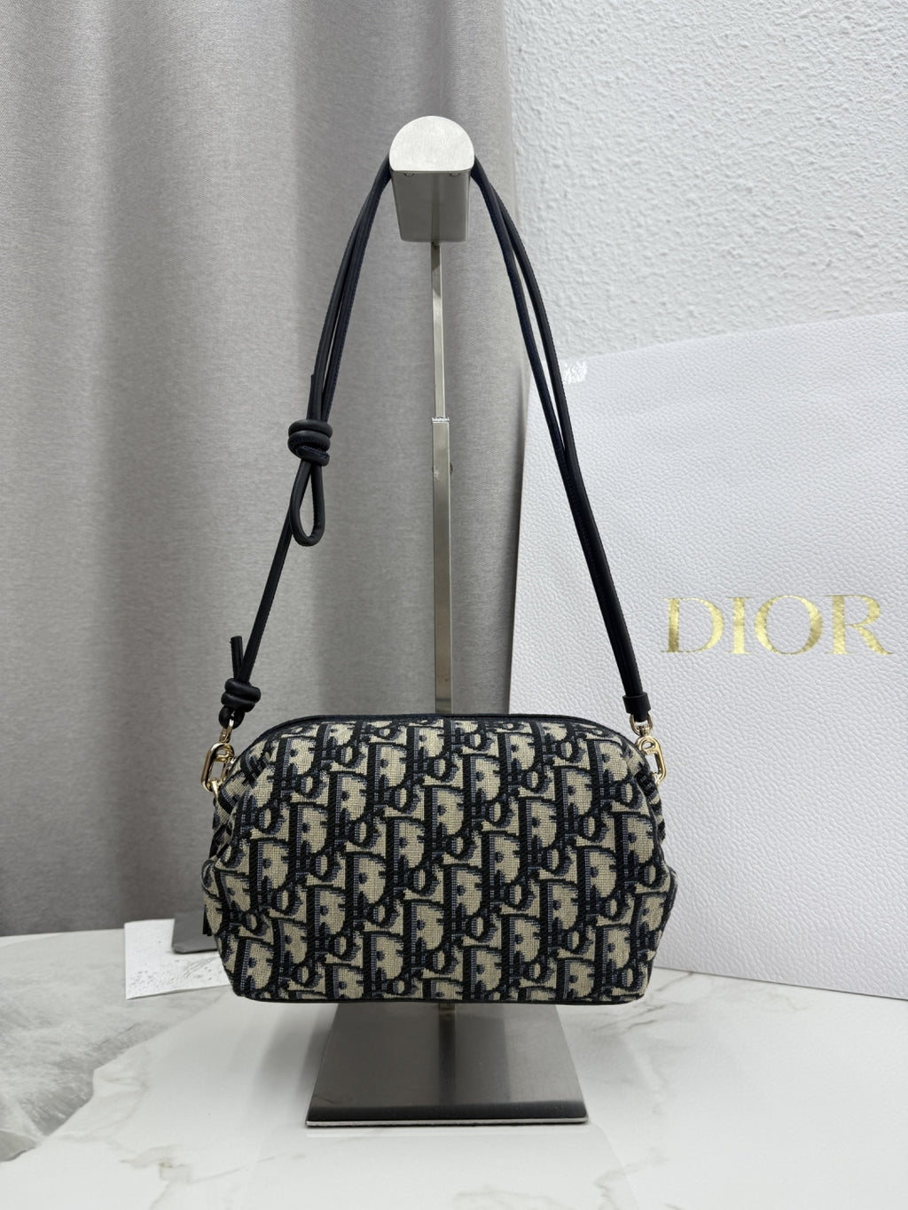 Dior D-Cushion Camera Bag — Blue Oblique Jacquard Canvas with Black Leather and Gold Hardware