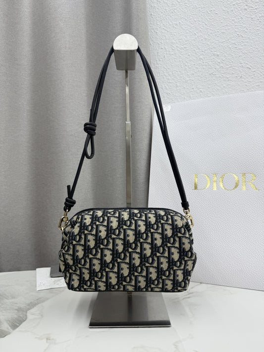 Dior D-Cushion Camera Bag — Blue Oblique Jacquard Canvas with Black Leather and Gold Hardware