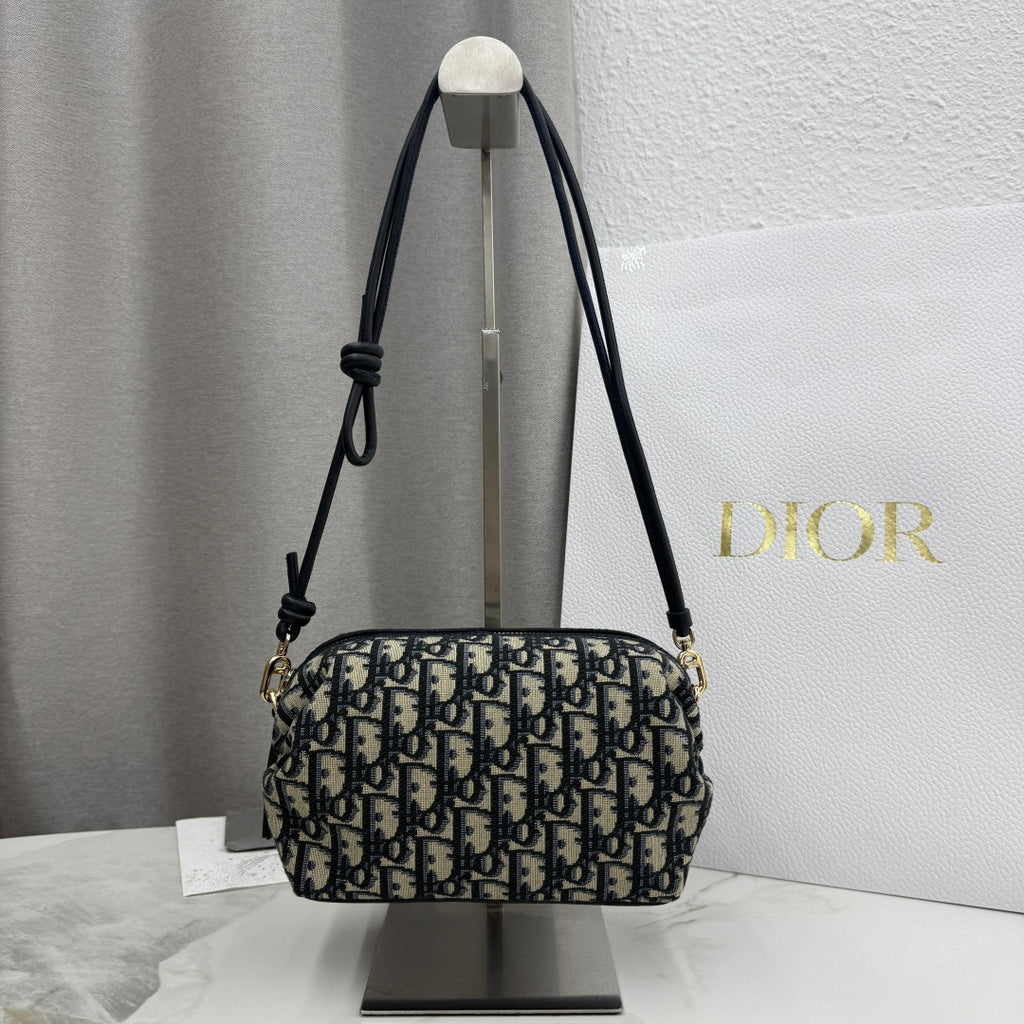 Dior D-Cushion Camera Bag — Blue Oblique Jacquard Canvas with Black Leather and Gold Hardware