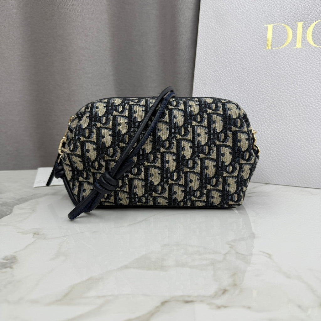 Dior D-Cushion Camera Bag — Blue Oblique Jacquard Canvas with Black Leather and Gold Hardware