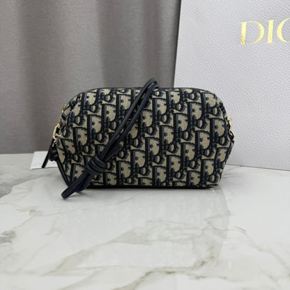Dior D-Cushion Camera Bag — Blue Oblique Jacquard Canvas with Black Leather and Gold Hardware