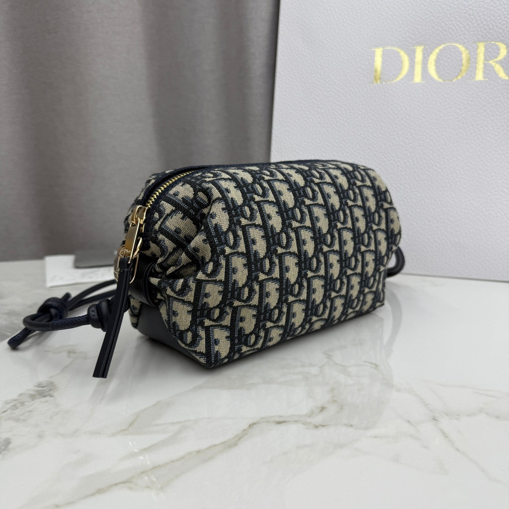 Dior D-Cushion Camera Bag — Blue Oblique Jacquard Canvas with Black Leather and Gold Hardware