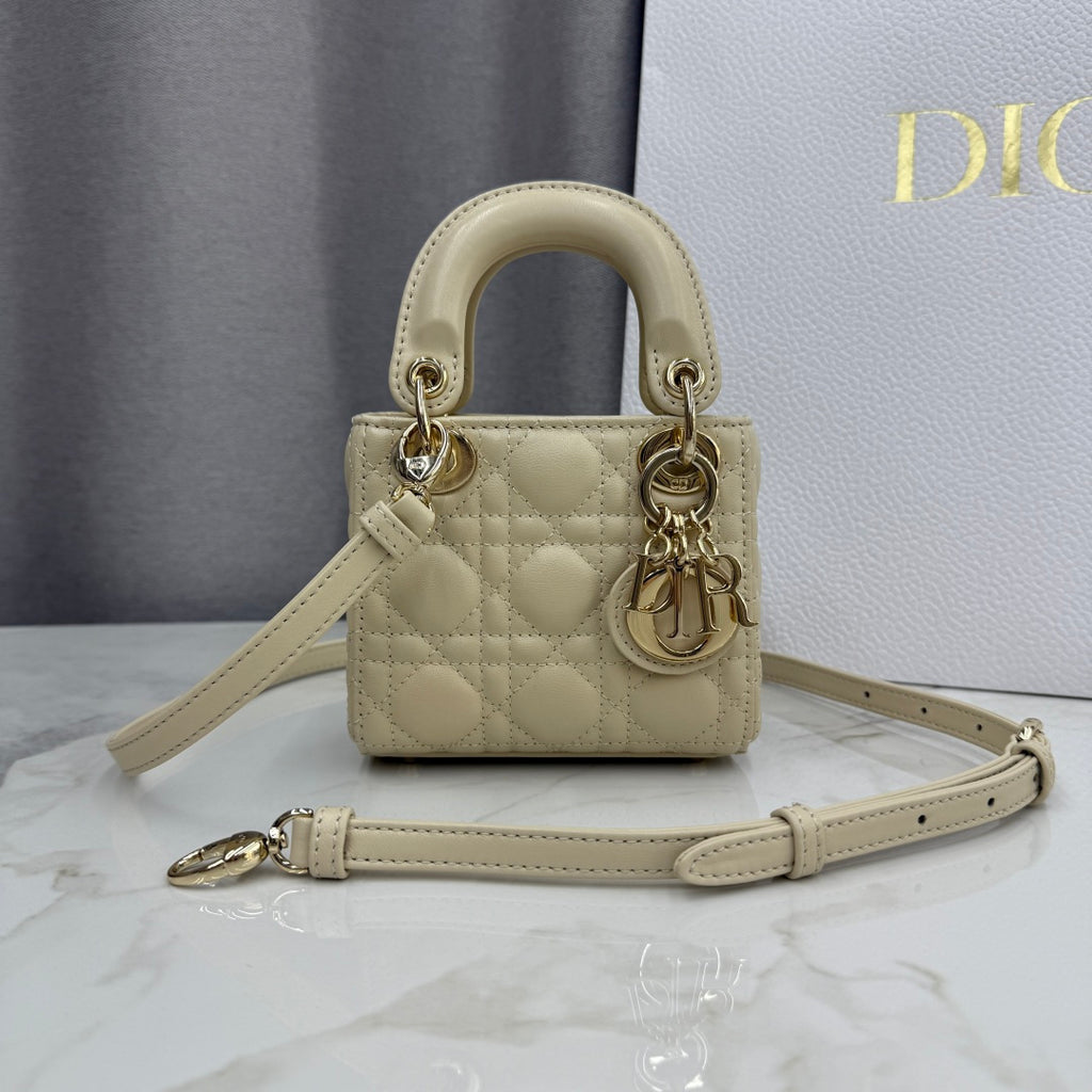 Dior Micro Lady Bag — Latte Beige Cannage Lambskin with Gold Hardware