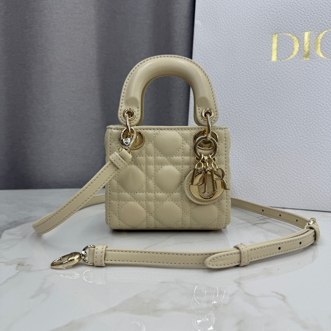 Dior Micro Lady Bag — Latte Beige Cannage Lambskin with Gold Hardware