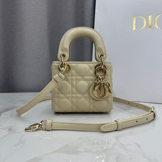Dior Micro Lady Bag — Latte Beige Cannage Lambskin with Gold Hardware
