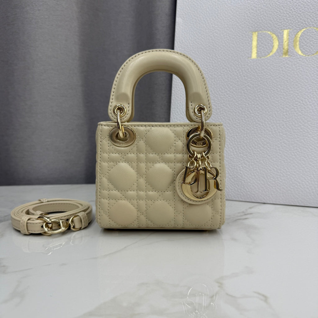 Dior Micro Lady Bag — Latte Beige Cannage Lambskin with Gold Hardware