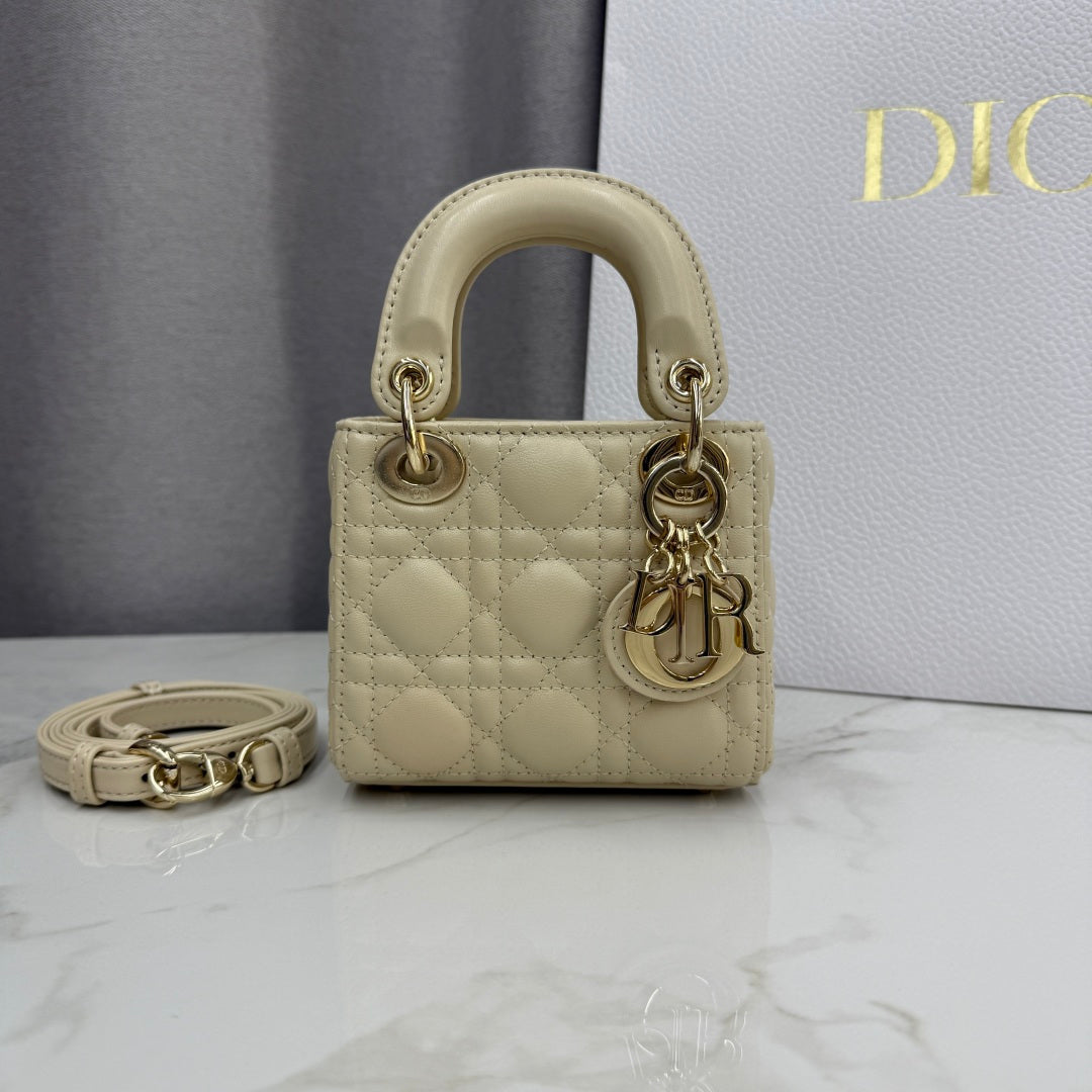 Dior Micro Lady Bag — Latte Beige Cannage Lambskin with Gold Hardware
