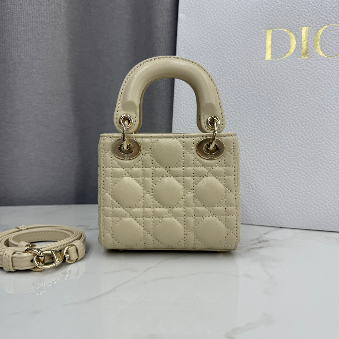 Dior Micro Lady Bag — Latte Beige Cannage Lambskin with Gold Hardware