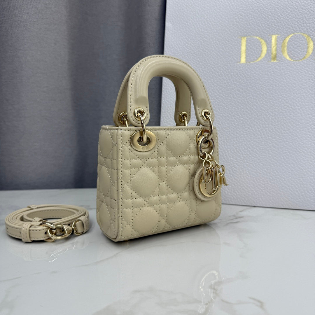 Dior Micro Lady Bag — Latte Beige Cannage Lambskin with Gold Hardware
