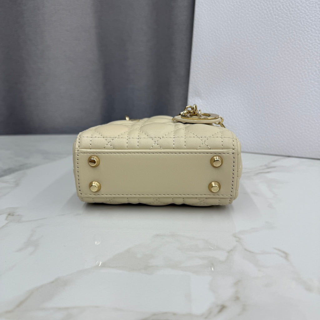 Dior Micro Lady Bag — Latte Beige Cannage Lambskin with Gold Hardware