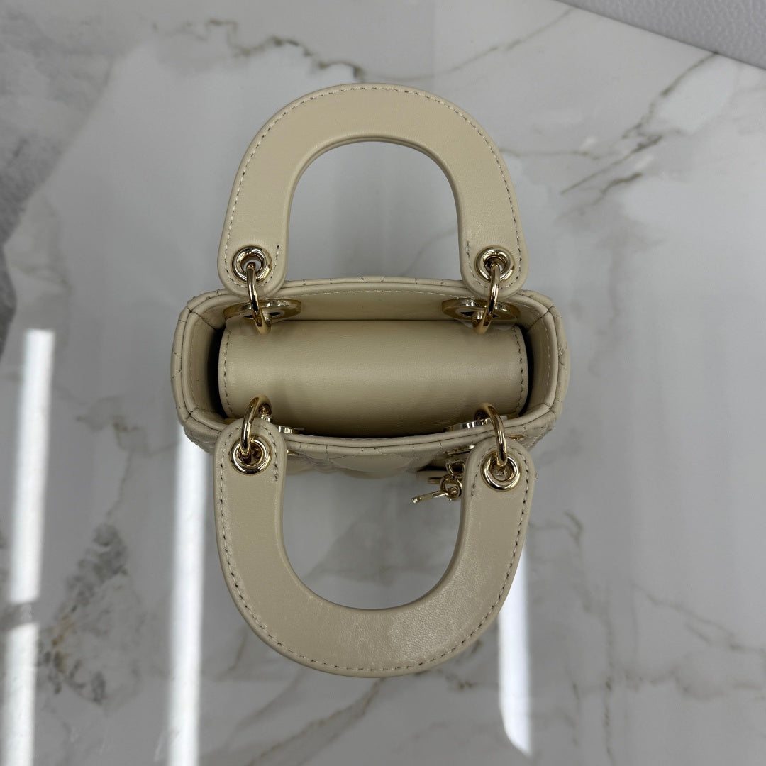 Dior Micro Lady Bag — Latte Beige Cannage Lambskin with Gold Hardware