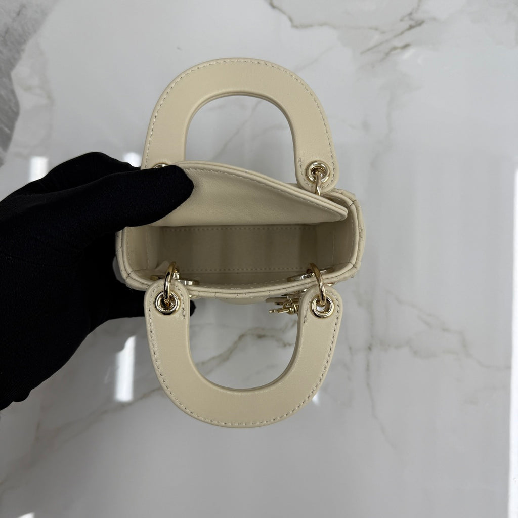 Dior Micro Lady Bag — Latte Beige Cannage Lambskin with Gold Hardware