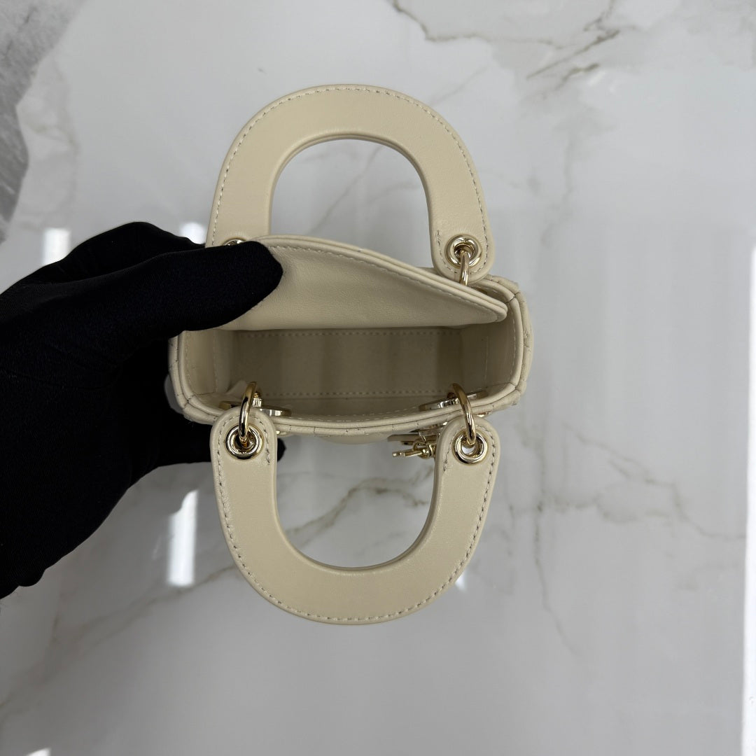 Dior Micro Lady Bag — Latte Beige Cannage Lambskin with Gold Hardware