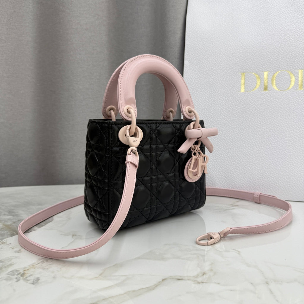 Dior Mini Lady Bag — Black & Blush Pink Two-Tone Matte Cannage Lambskin with Pink Matte Hardware