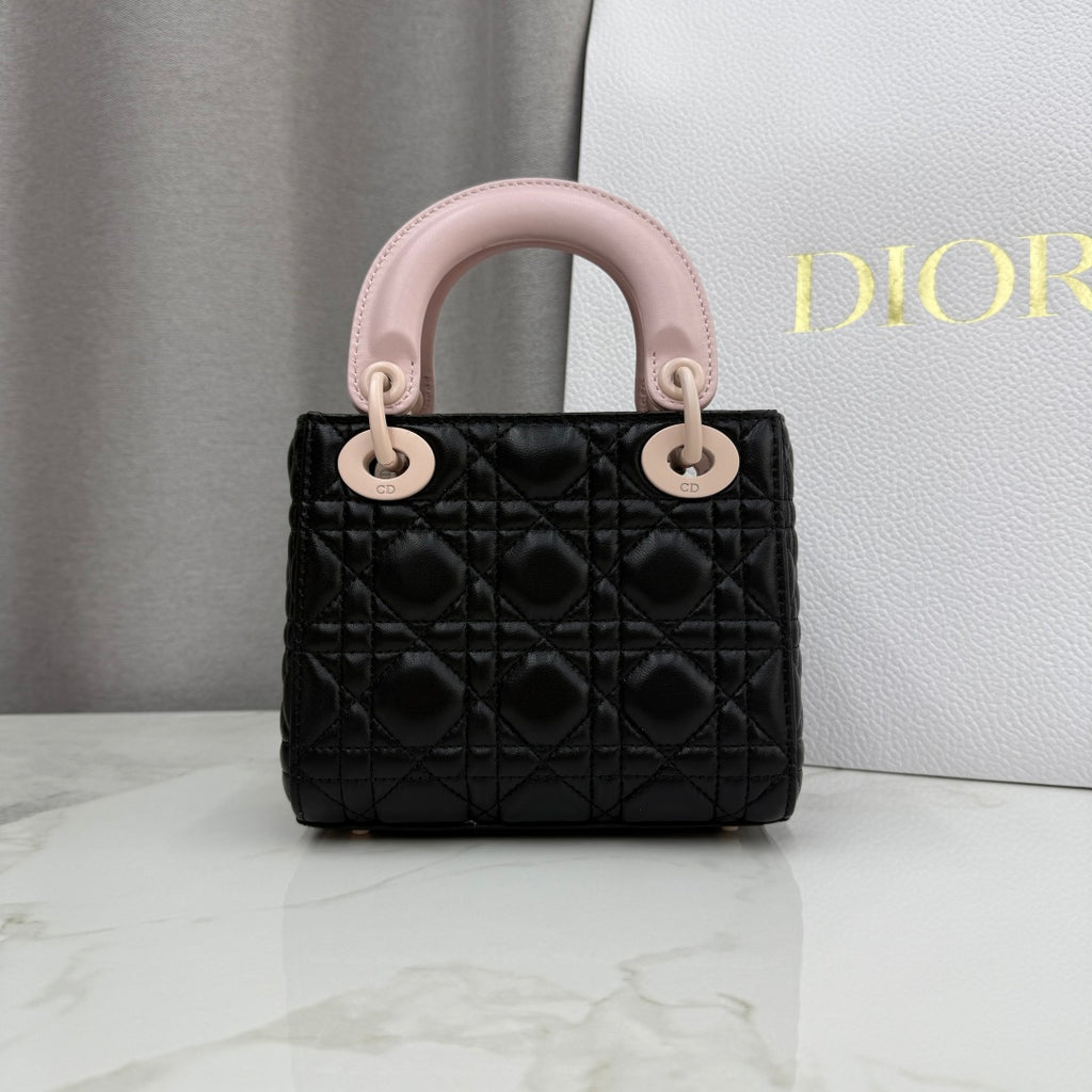 Dior Mini Lady Bag — Black & Blush Pink Two-Tone Matte Cannage Lambskin with Pink Matte Hardware