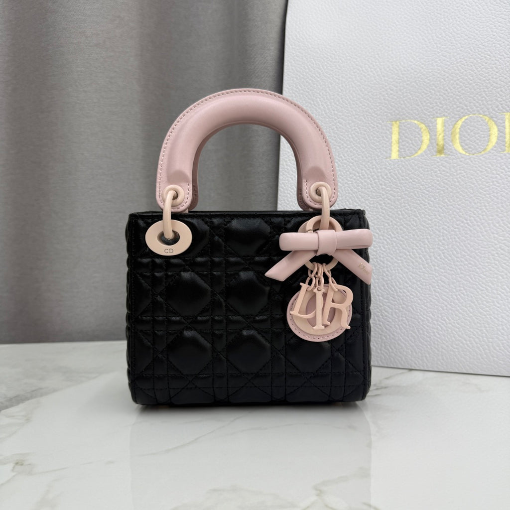 Dior Mini Lady Bag — Black & Blush Pink Two-Tone Matte Cannage Lambskin with Pink Matte Hardware