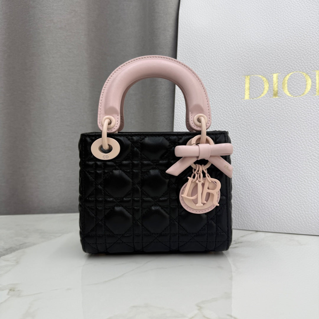 Dior Mini Lady Bag — Black & Blush Pink Two-Tone Matte Cannage Lambskin with Pink Matte Hardware