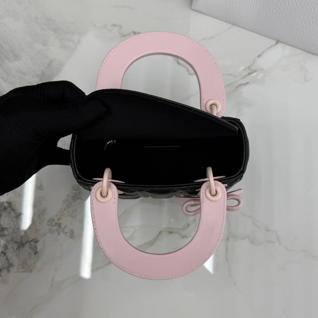 Dior Mini Lady Bag — Black & Blush Pink Two-Tone Matte Cannage Lambskin with Pink Matte Hardware