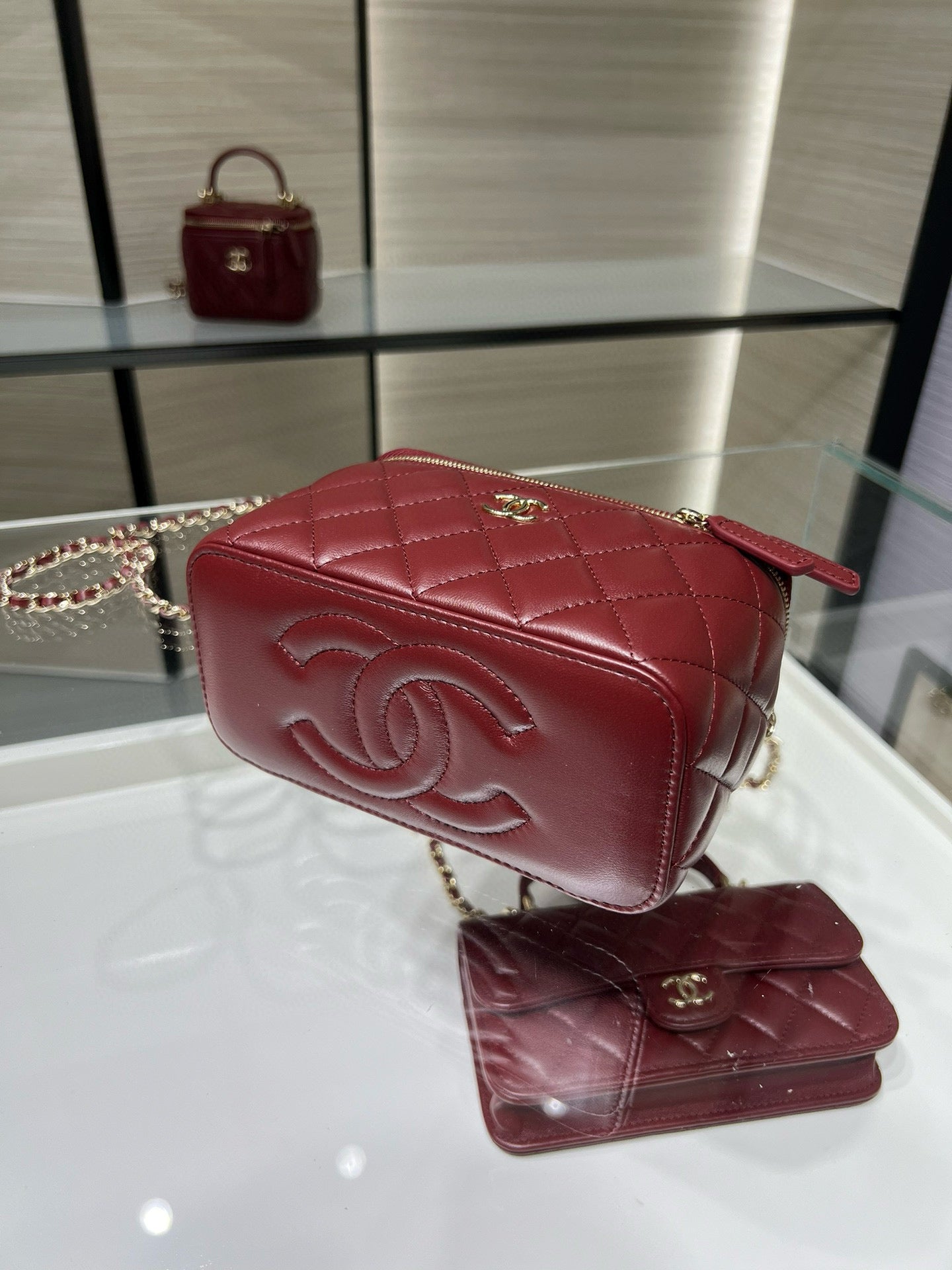 Chanel 25S Vanity Case Box Bag Burgundy Quilted Calfskin
