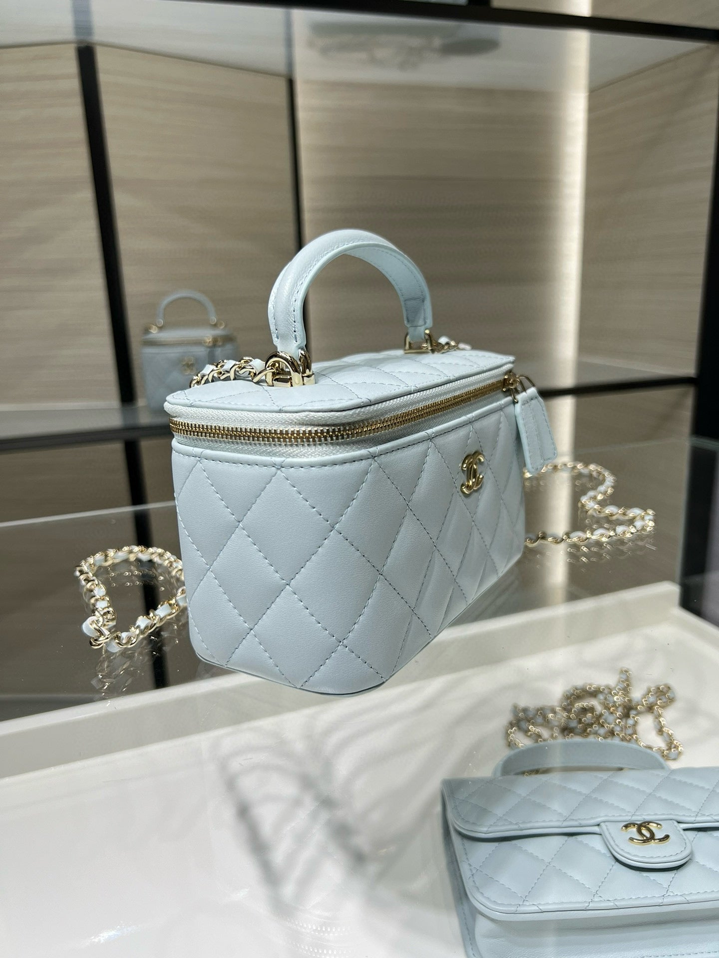 Chanel 26S Vanity Case Box Bag Light Blue Quilted Calfskin