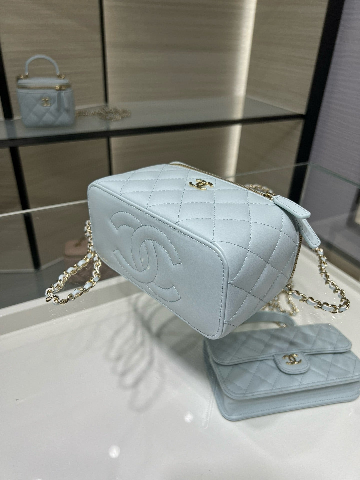Chanel 26S Vanity Case Box Bag Light Blue Quilted Calfskin