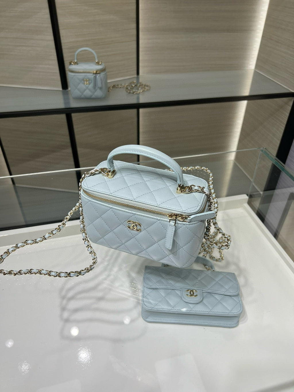 Chanel 26S Vanity Case Box Bag Light Blue Quilted Calfskin