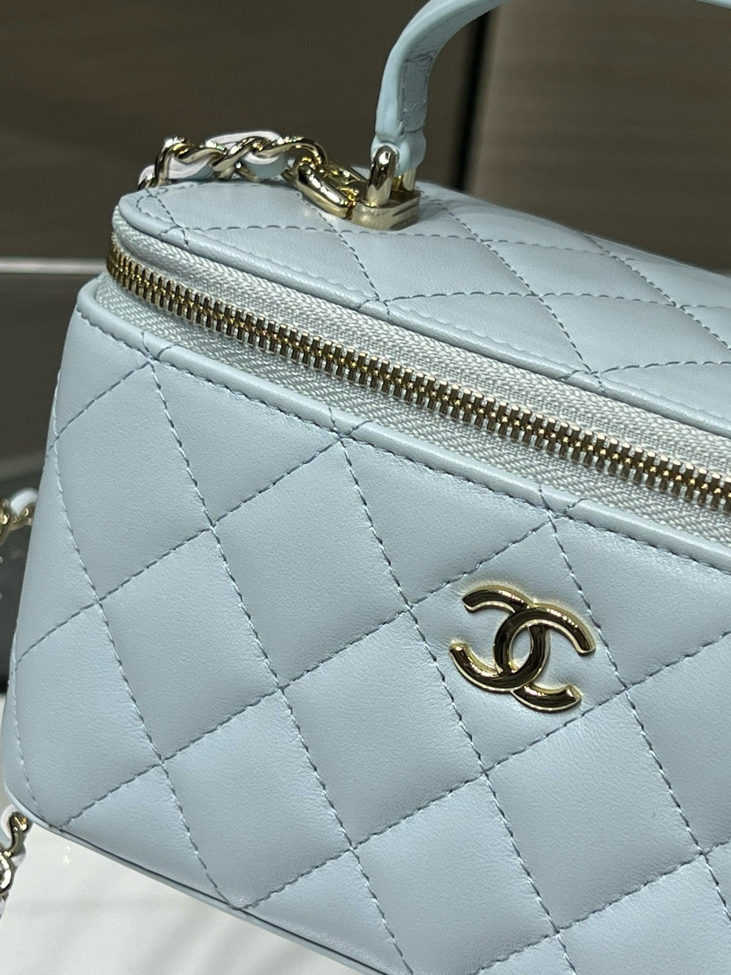 Chanel 26S Vanity Case Box Bag Light Blue Quilted Calfskin