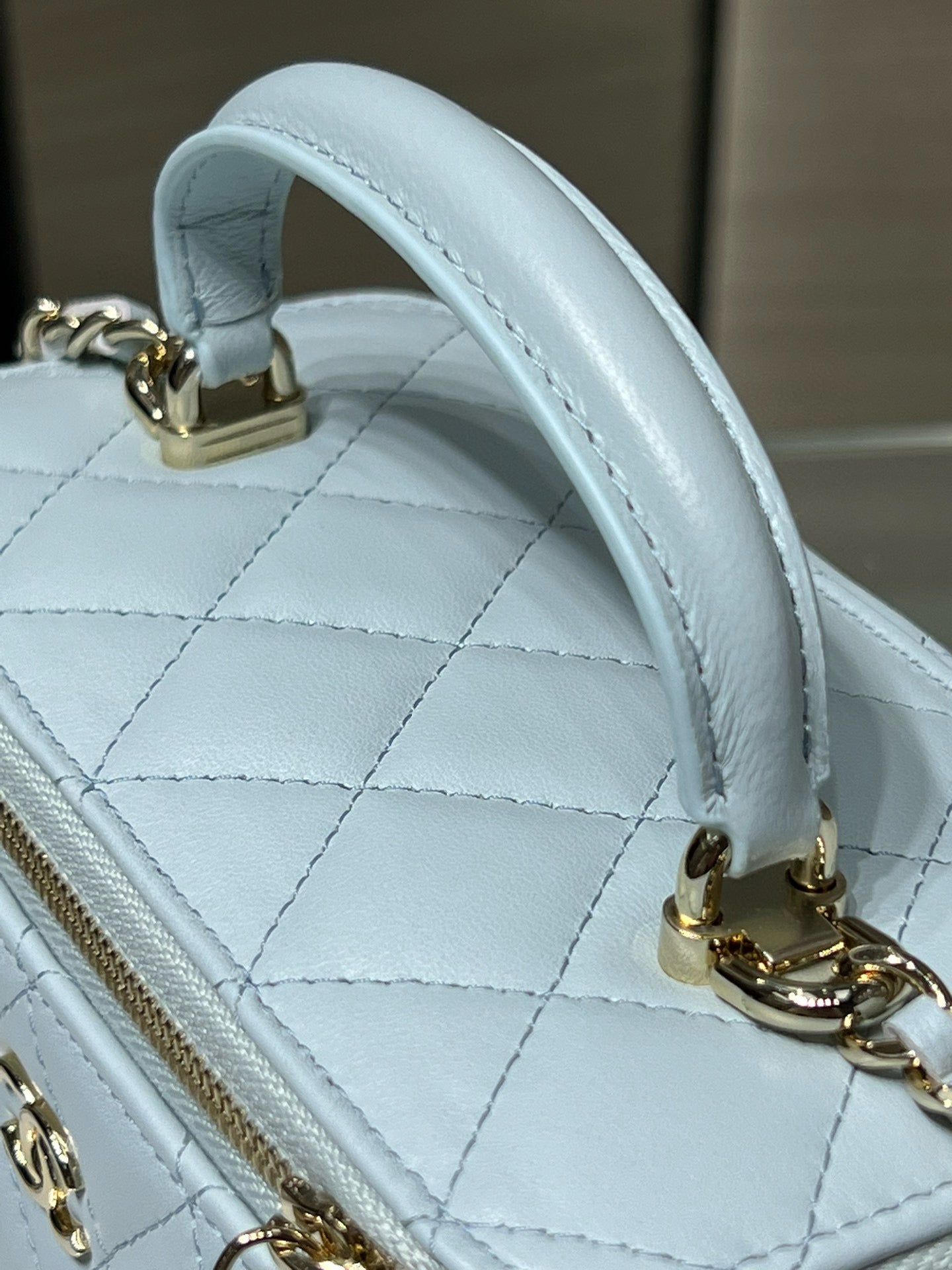 Chanel 26S Vanity Case Box Bag Light Blue Quilted Calfskin