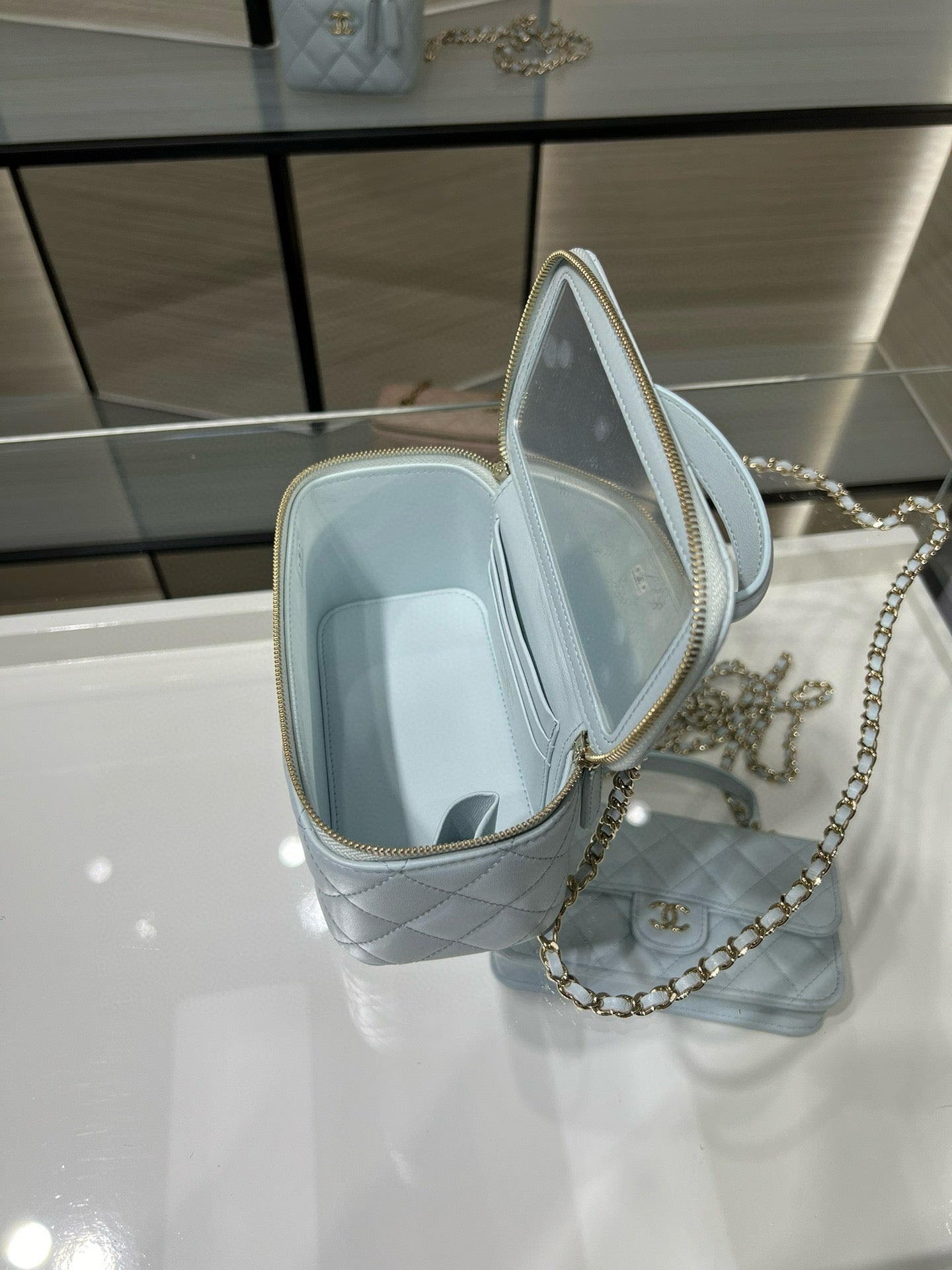 Chanel 26S Vanity Case Box Bag Light Blue Quilted Calfskin