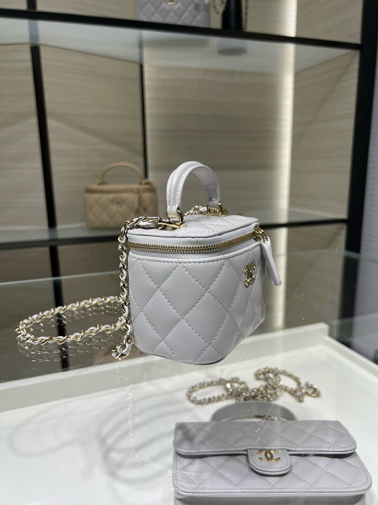 Chanel 25P Ultra Mini Vanity Case Grey Quilted Lambskin with Chain Handle AP2198
