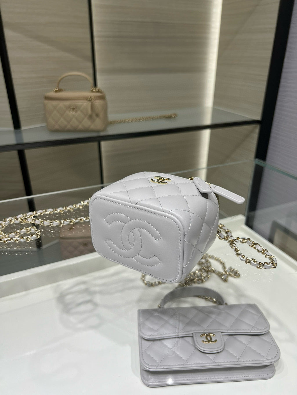 Chanel 25P Ultra Mini Vanity Case Grey Quilted Lambskin with Chain Handle AP2198