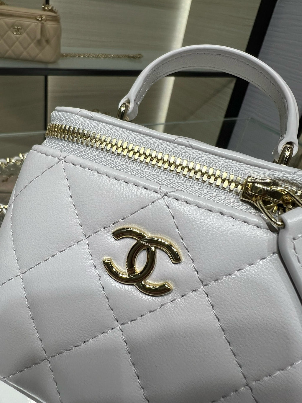 Chanel 25P Ultra Mini Vanity Case Grey Quilted Lambskin with Chain Handle AP2198