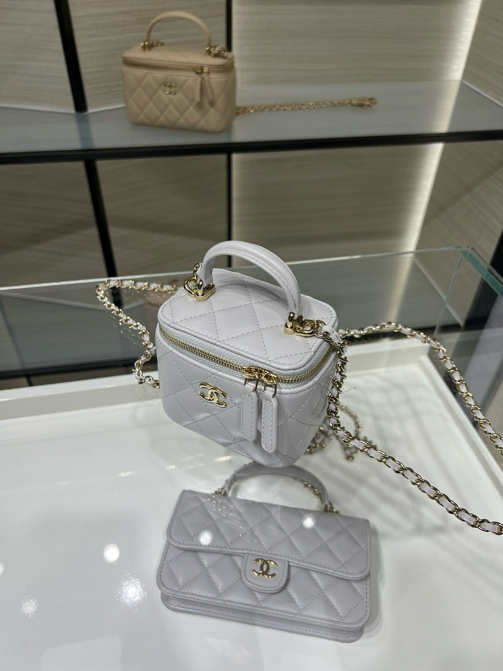 Chanel 25P Ultra Mini Vanity Case Grey Quilted Lambskin with Chain Handle AP2198