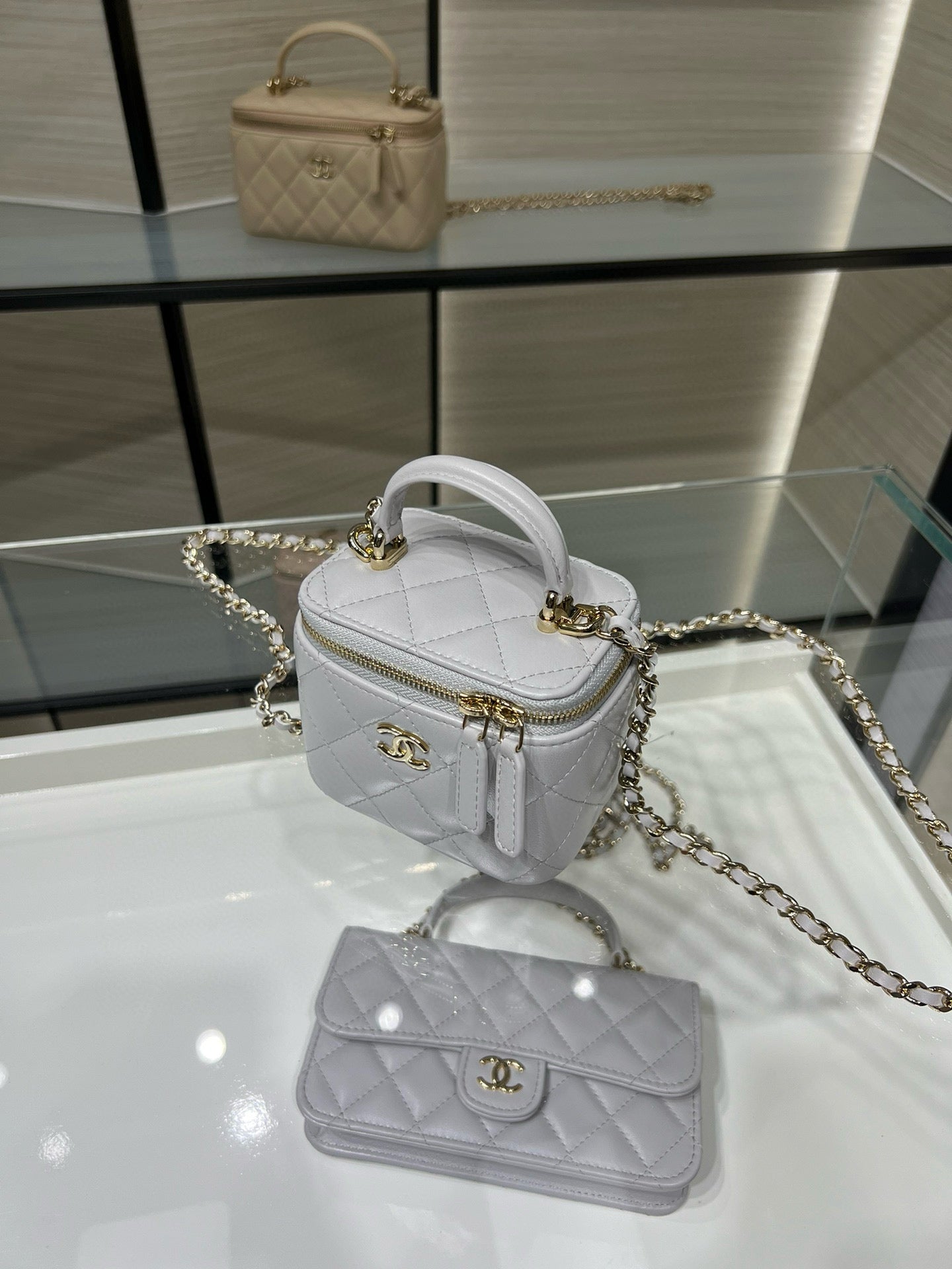 Chanel 25P Ultra Mini Vanity Case Grey Quilted Lambskin with Chain Handle AP2198