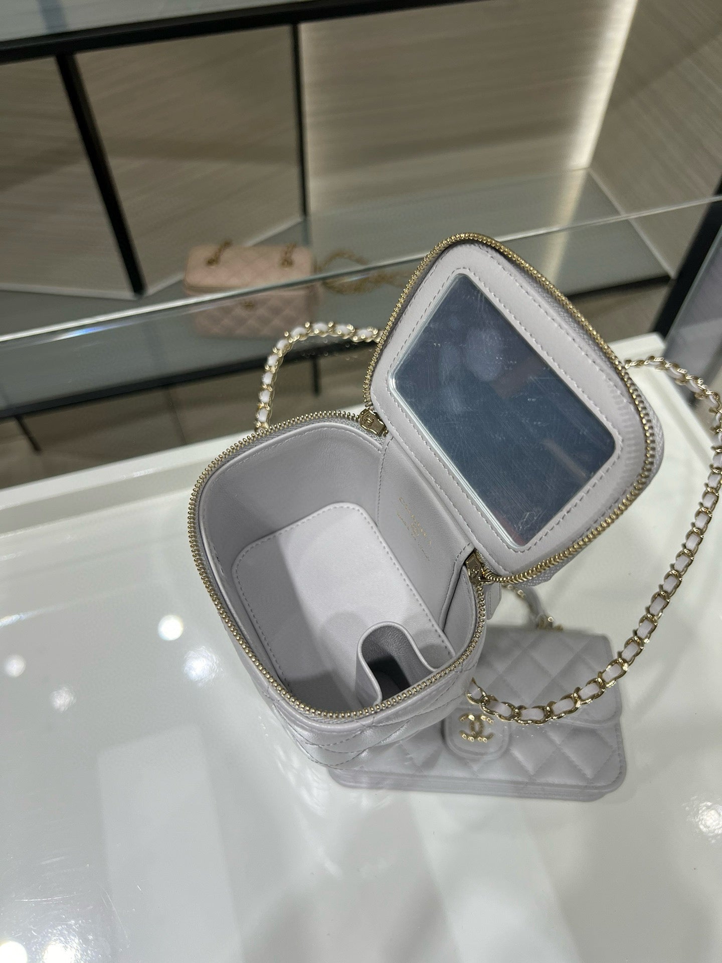 Chanel 25P Ultra Mini Vanity Case Grey Quilted Lambskin with Chain Handle AP2198
