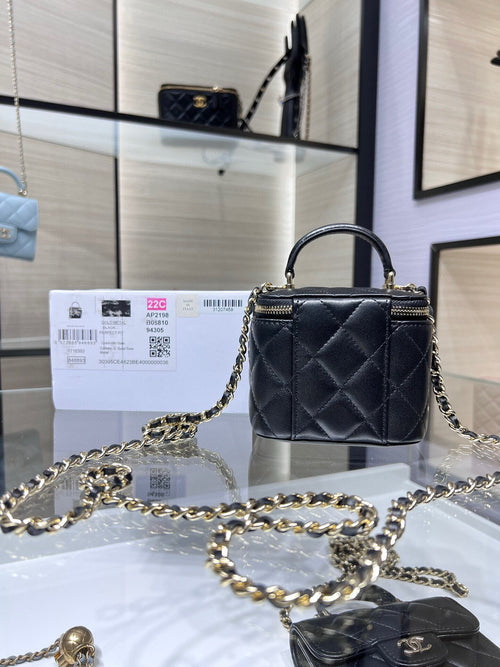 Chanel 24A Ultra Mini Vanity Case Black Quilted Caviar with Chain Handle AP2198