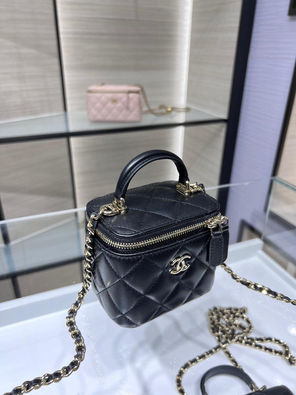 Chanel 24A Ultra Mini Vanity Case Black Quilted Caviar with Chain Handle AP2198