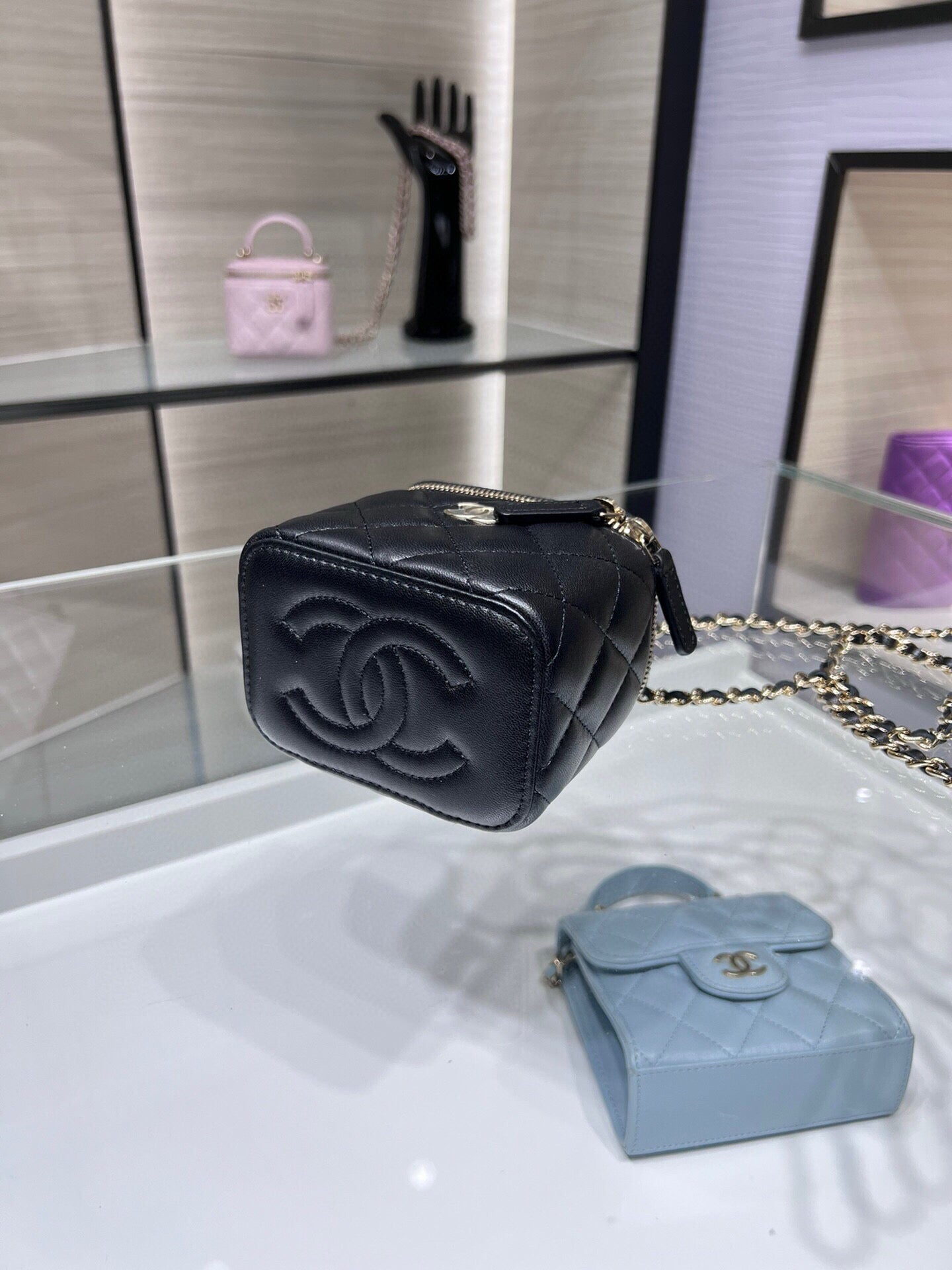 Chanel 24A Ultra Mini Vanity Case Black Quilted Caviar with Chain Handle AP2198