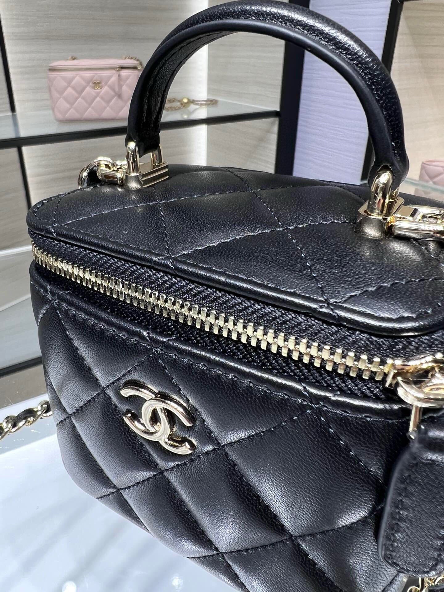 Chanel 24A Ultra Mini Vanity Case Black Quilted Caviar with Chain Handle AP2198