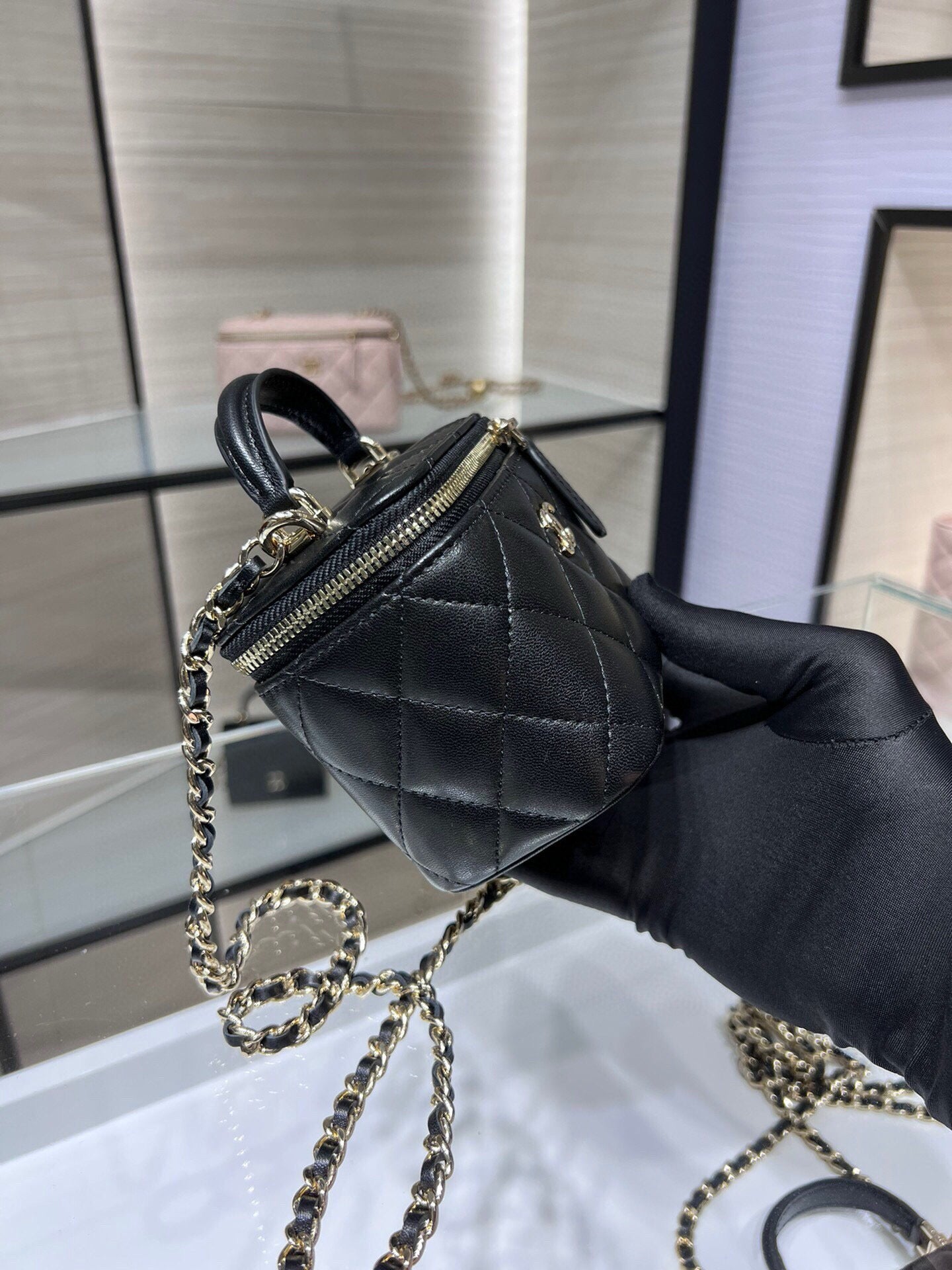Chanel 24A Ultra Mini Vanity Case Black Quilted Caviar with Chain Handle AP2198