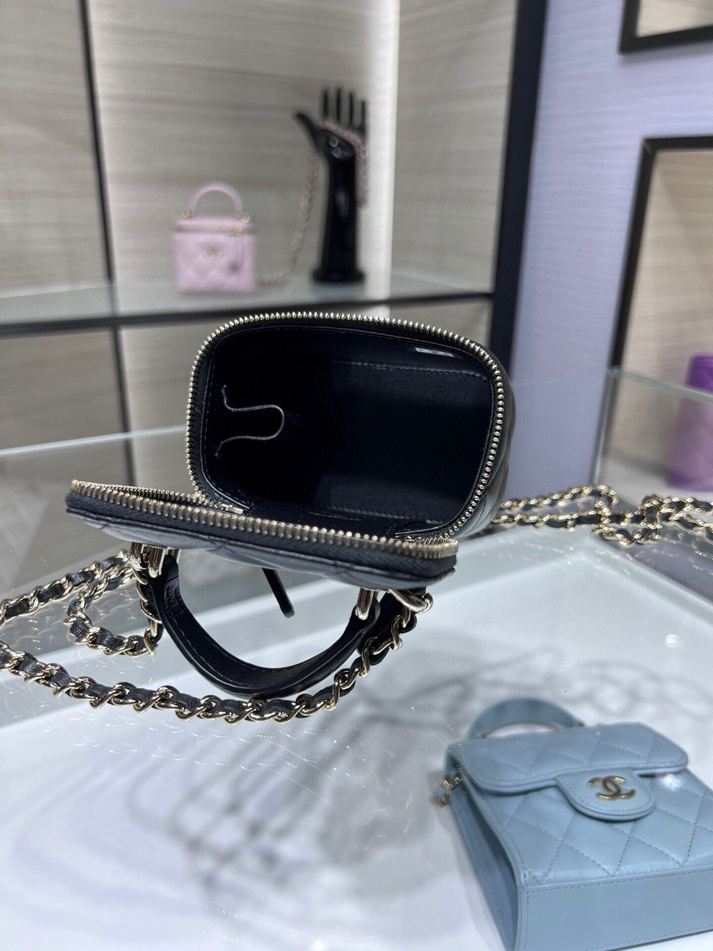 Chanel 24A Ultra Mini Vanity Case Black Quilted Caviar with Chain Handle AP2198