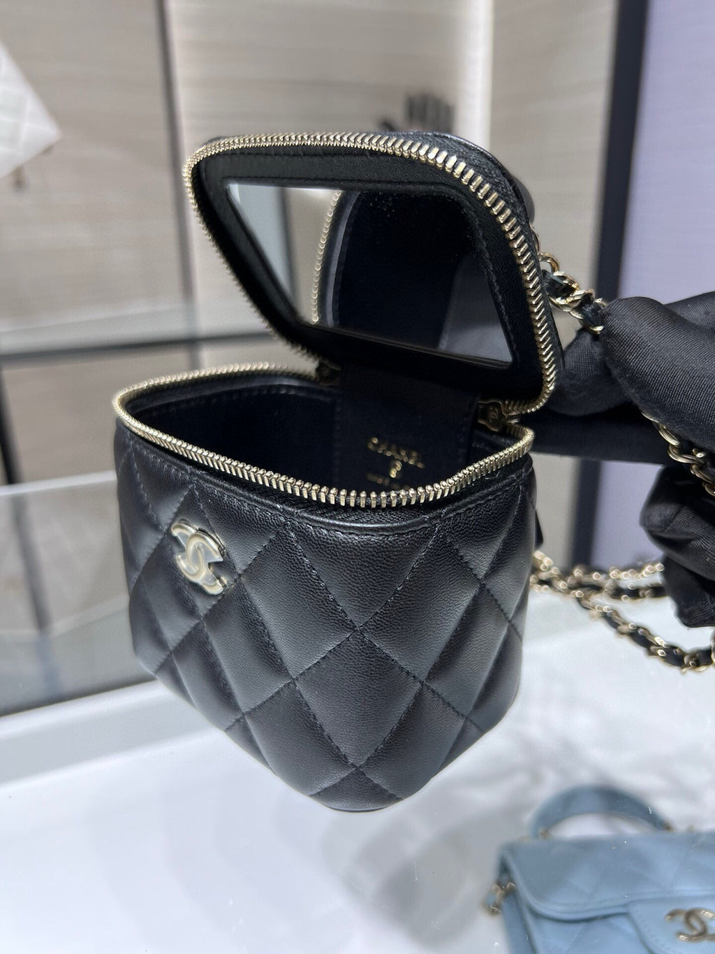 Chanel 24A Ultra Mini Vanity Case Black Quilted Caviar with Chain Handle AP2198