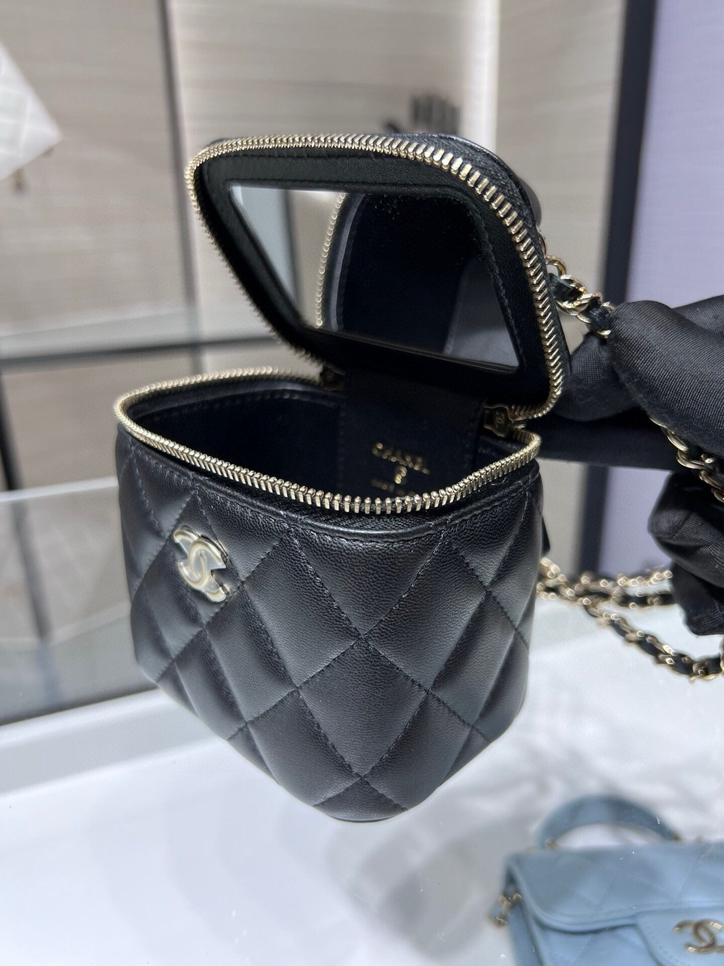 Chanel 24A Ultra Mini Vanity Case Black Quilted Caviar with Chain Handle AP2198