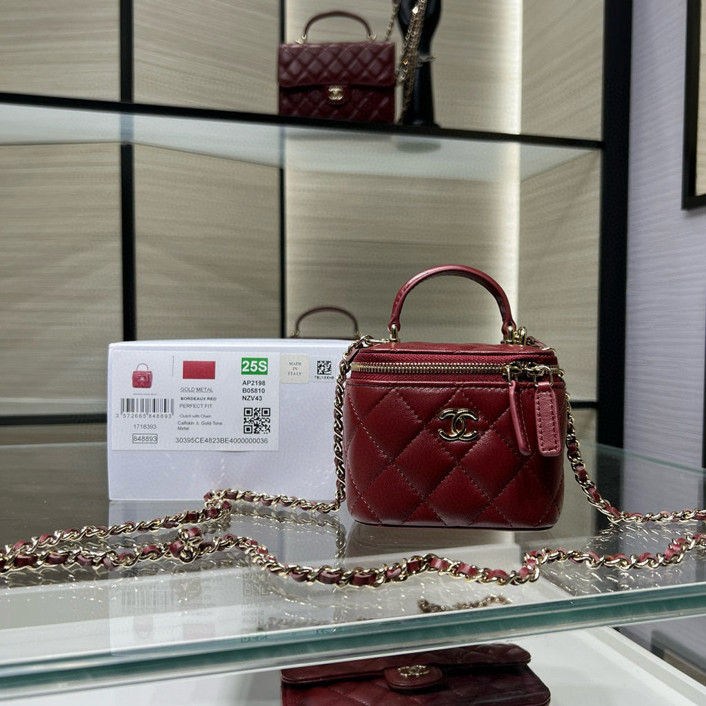 Chanel 25S Ultra Mini Vanity Case Bordeaux Red Quilted Calfskin with Chain Handle AP2198