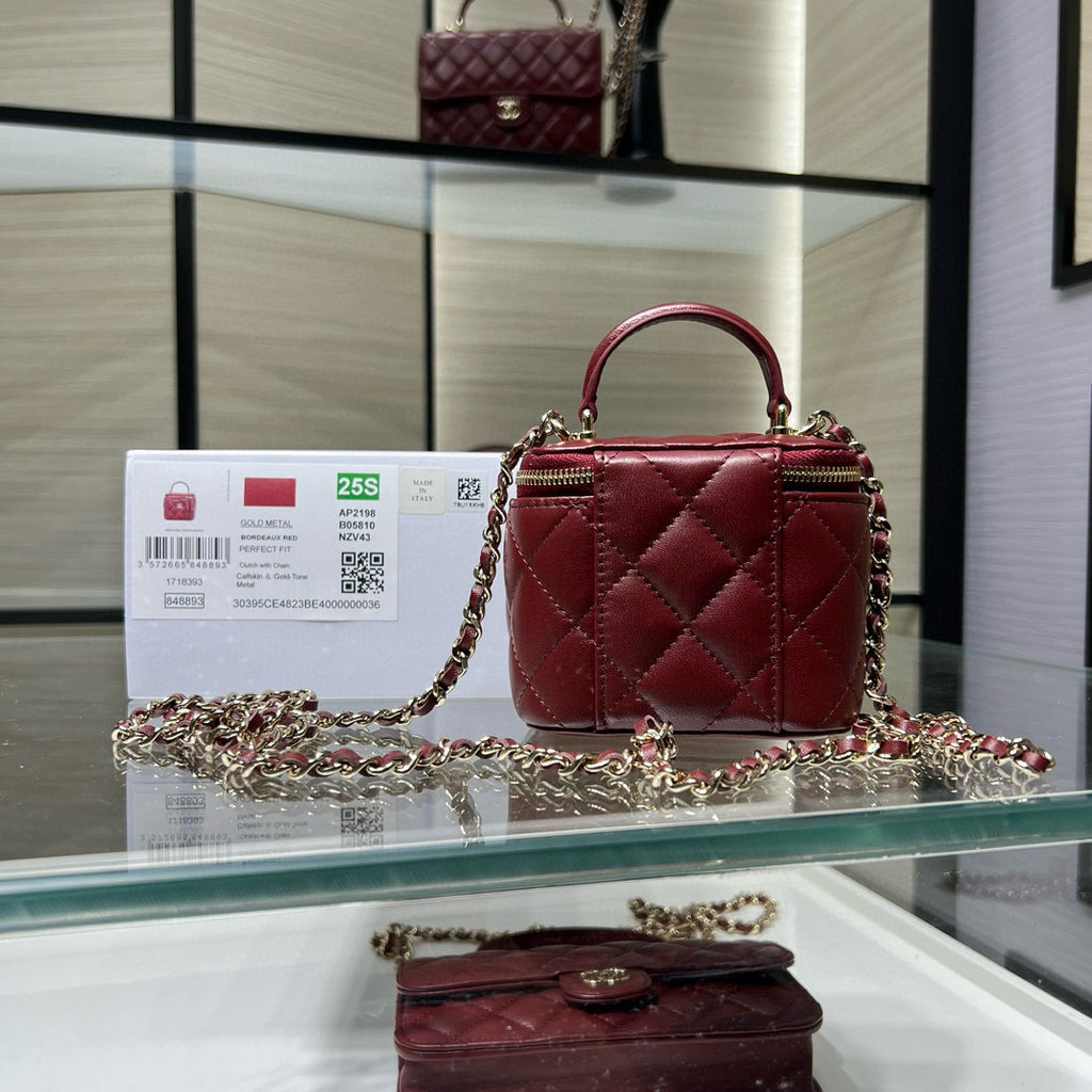 Chanel 25S Ultra Mini Vanity Case Bordeaux Red Quilted Calfskin with Chain Handle AP2198