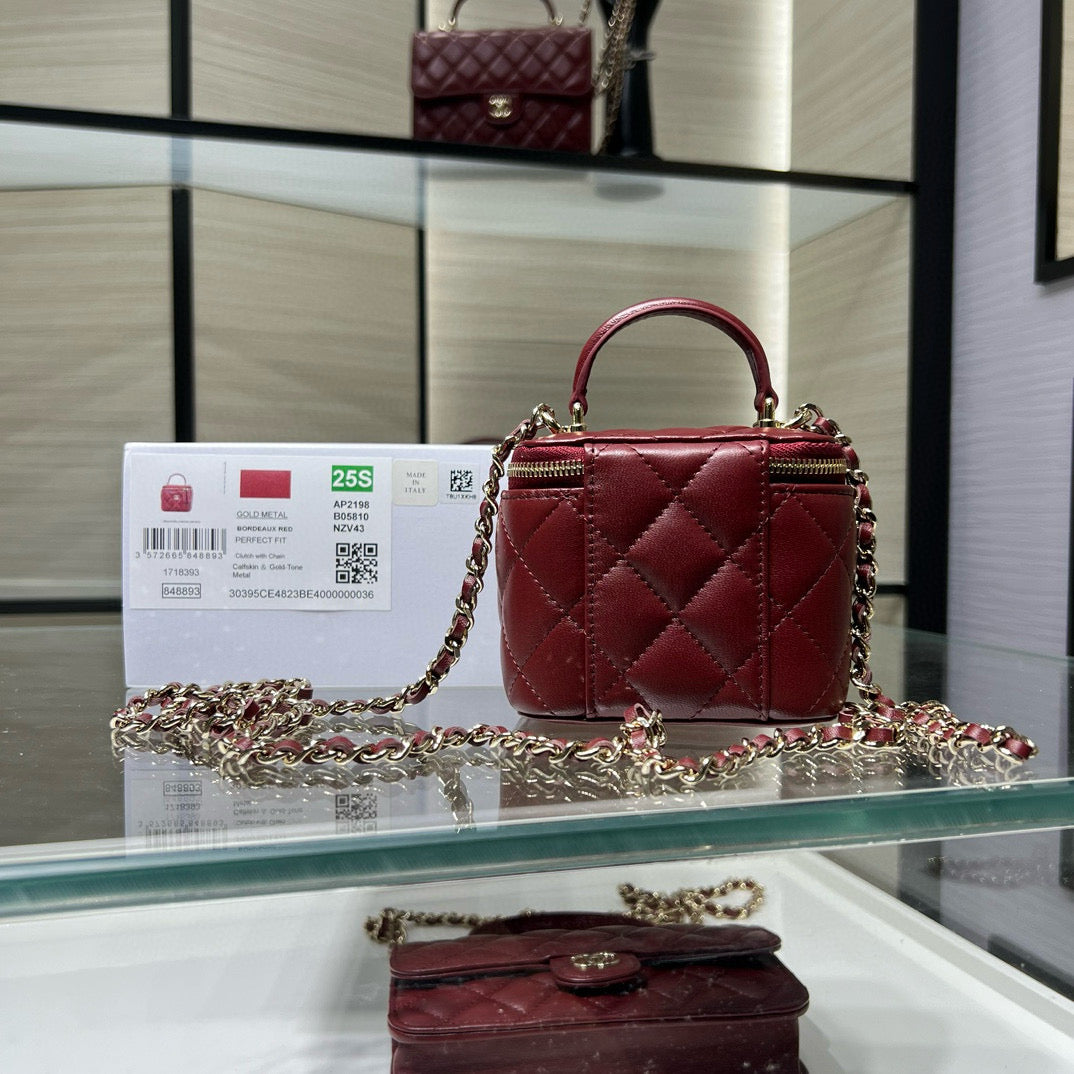 Chanel 25S Ultra Mini Vanity Case Bordeaux Red Quilted Calfskin with Chain Handle AP2198