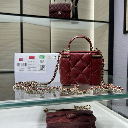 Chanel 25S Ultra Mini Vanity Case Bordeaux Red Quilted Calfskin with Chain Handle AP2198