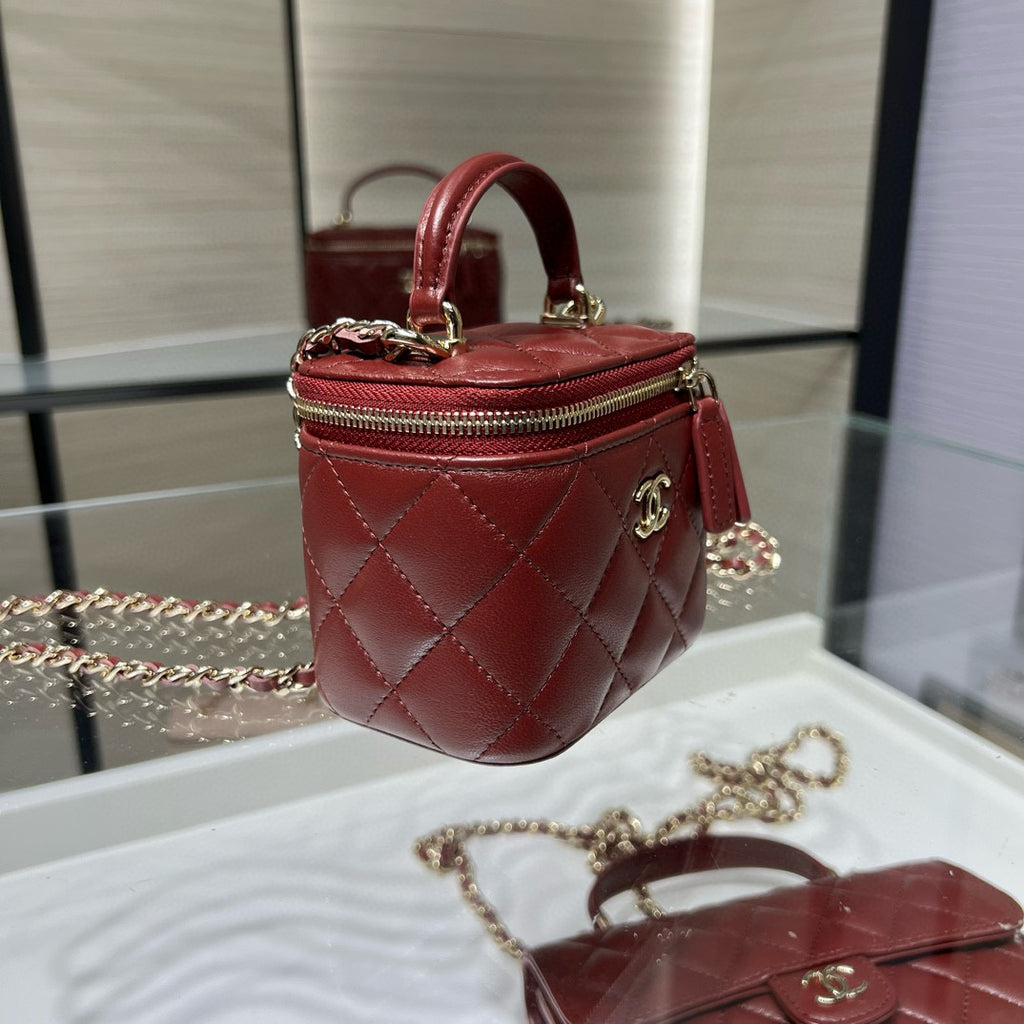 Chanel 25S Ultra Mini Vanity Case Bordeaux Red Quilted Calfskin with Chain Handle AP2198