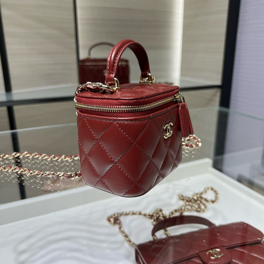 Chanel 25S Ultra Mini Vanity Case Bordeaux Red Quilted Calfskin with Chain Handle AP2198