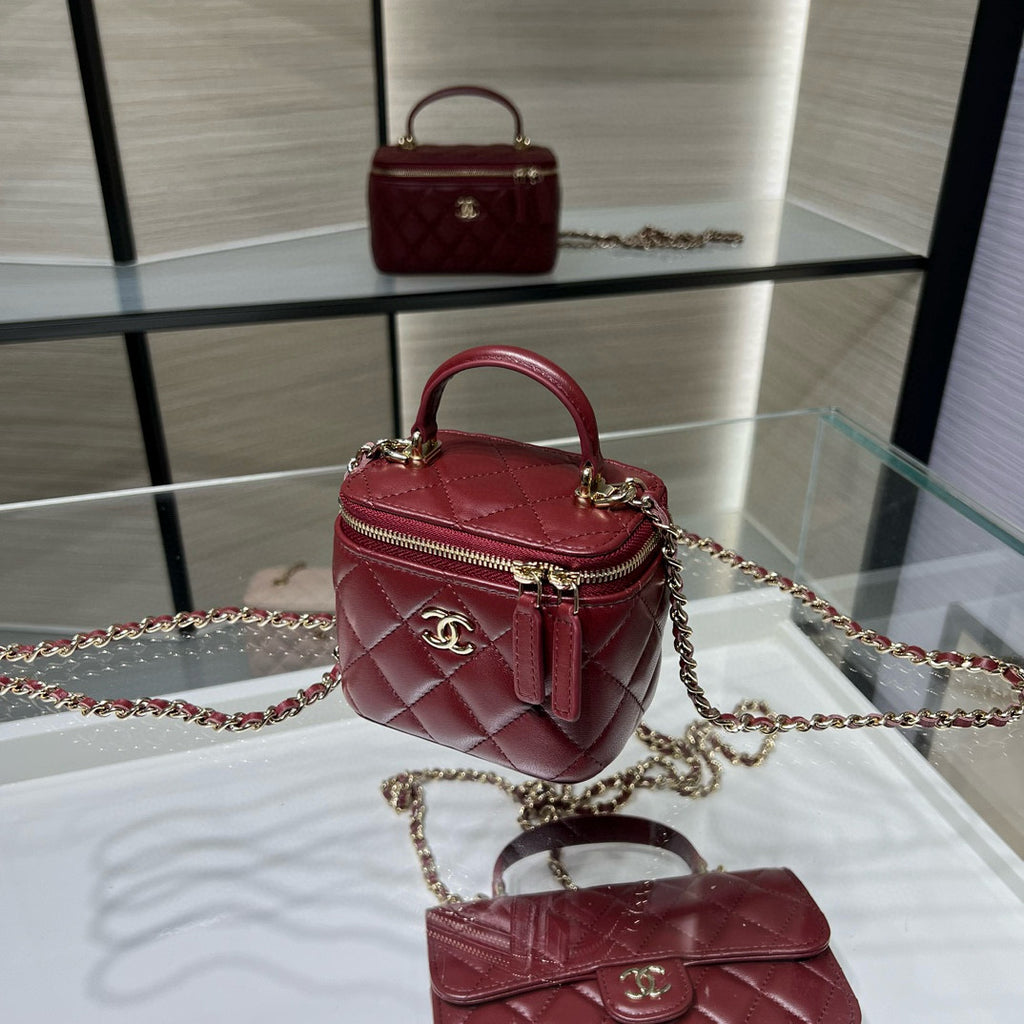 Chanel 25S Ultra Mini Vanity Case Bordeaux Red Quilted Calfskin with Chain Handle AP2198